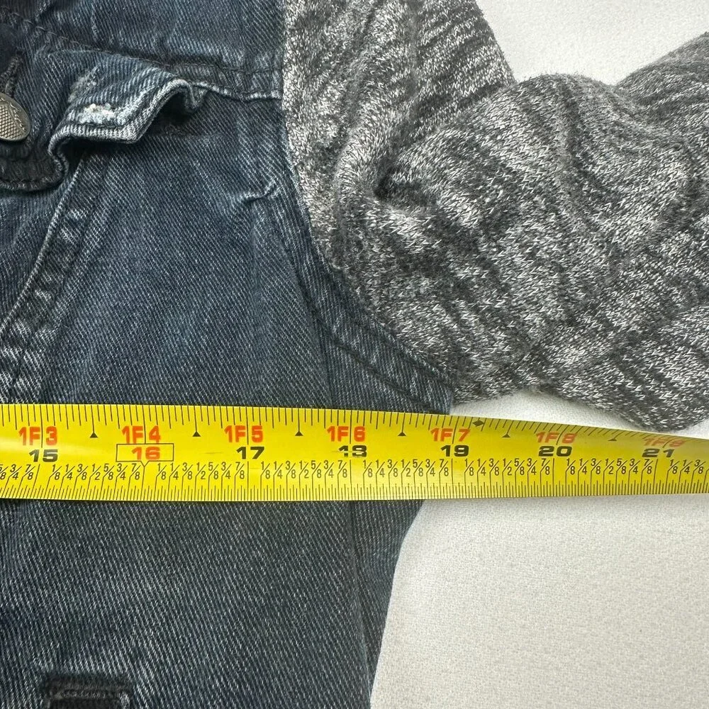 Free People Distressed Denim Jacket Knit Hood & Sleeves Dark Blue Wash - Picture 9 of 10